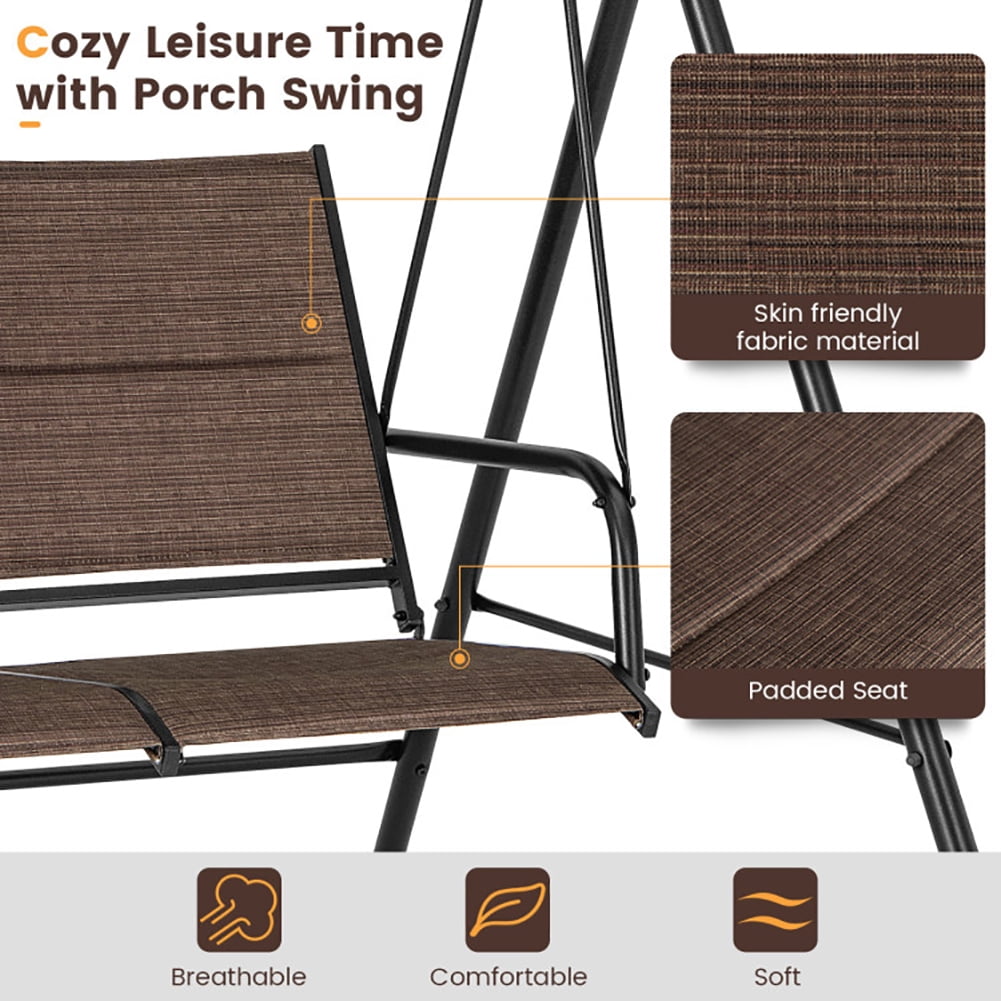 Aimee Lii 2 Person Porch Swing with Adjustable Canopy and Padded Seat, Outdoor Swing for Adults, Brown