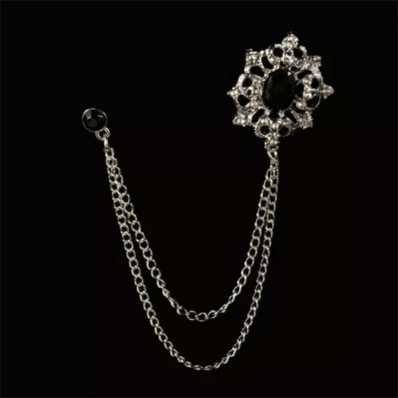 K-KED Retro Gem Brooch Men's Suit Pin Rhinestone Cross Tassel Lapel Pins with Chain-Silver Black