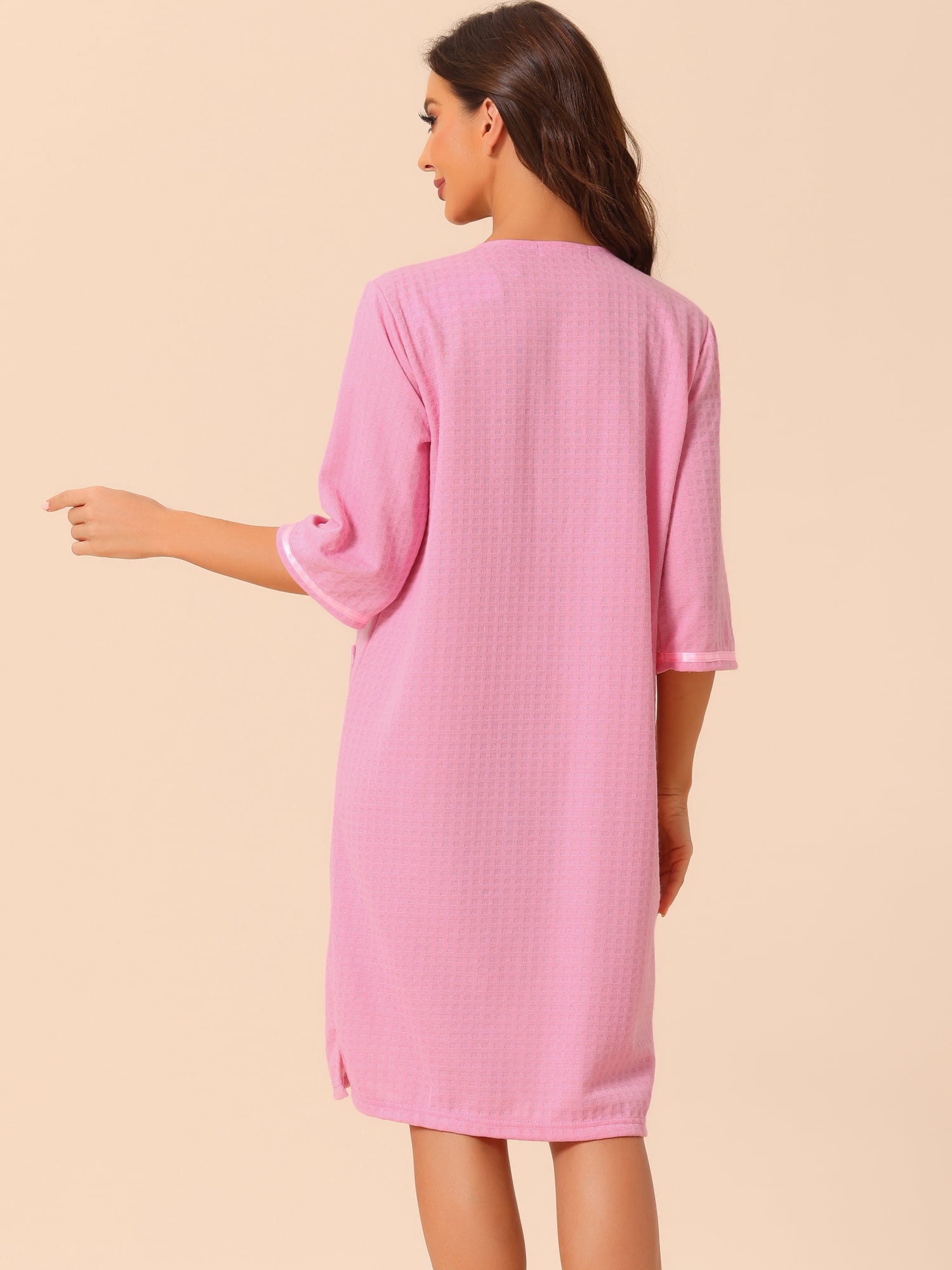 DARING DIVA Women's Waffle 3/4 Sleeves Bathrobe Loungewear Zipper Up Robes L Pink