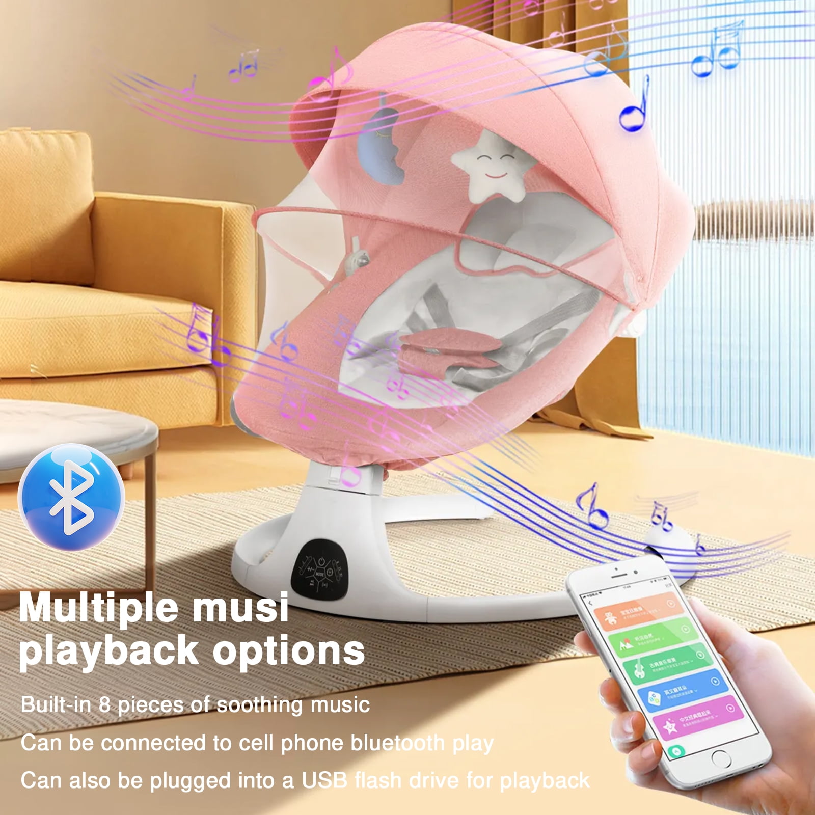 HAOUUCYIN Baby Swing, Infants Rocker with 5 Swing Speeds, 3 Seat Positions, bluetooth Music, Pink