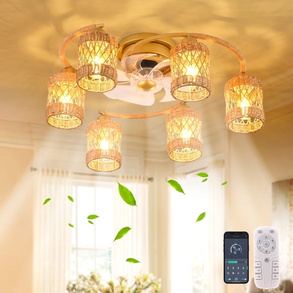 Garwarm Rattan Boho Farmhouse Ceiling Fan with Light Flush Mount, 26 Inch E26 Ceiling Fans with Light and Remote Control, Low Profile 6 Speeds for Bedroom Kitchen