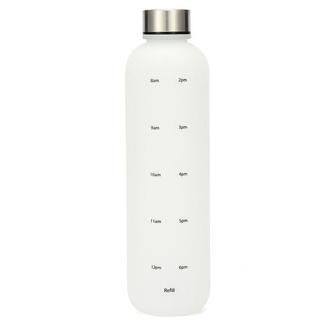 Botella de agua de oro blanco esmerilado de 1 l - Botella de agua de diseño de plástico con marcador de tiempo motivacional, sin BPA - Botella deportiva a prueba de fugas para gimnasia, desintoxicació