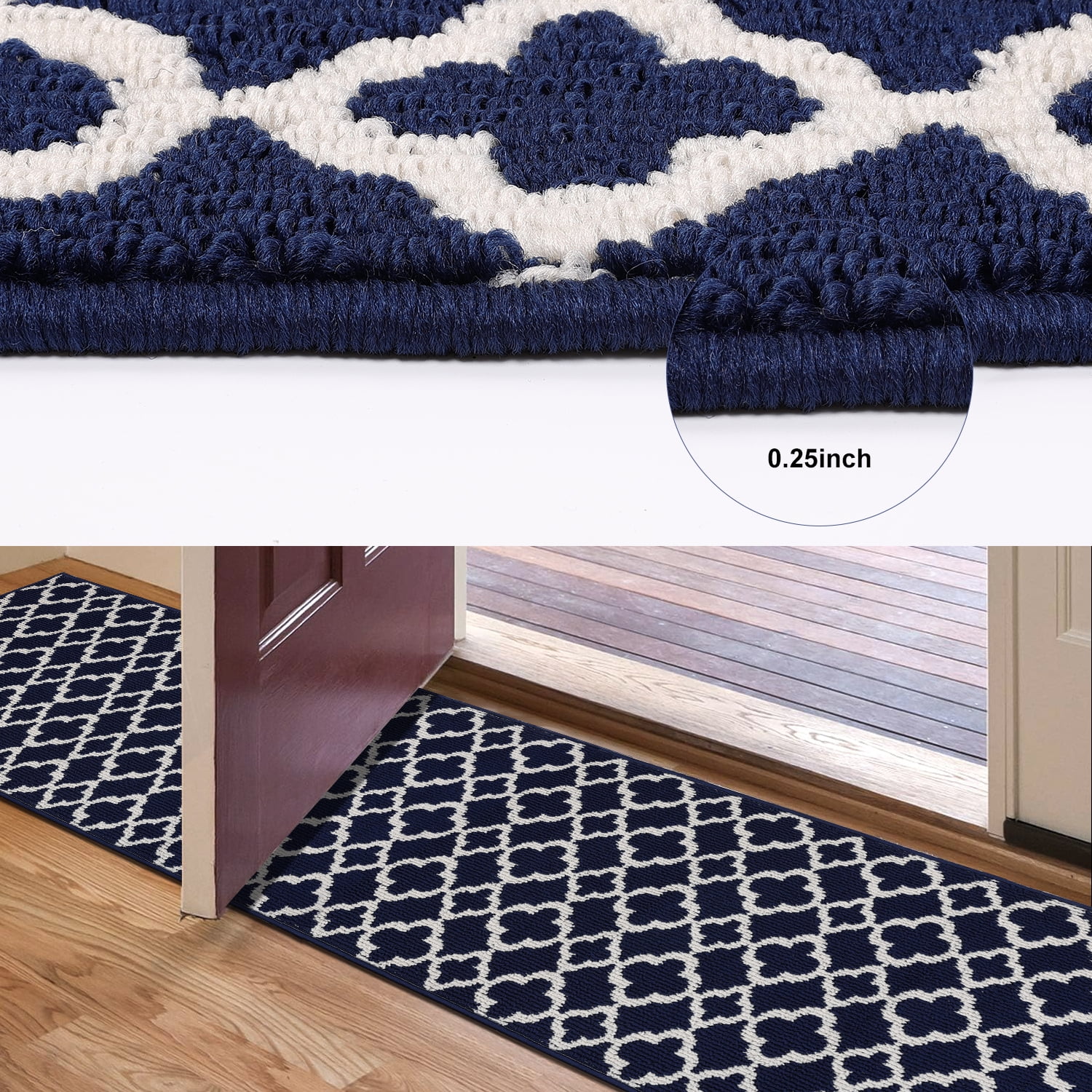 Yamaziot 2'x10' Runner Rugs for Hallway, Extra Long Farmhouse Kitchen Rug for Floor, Non Slip Washable Laundry Room Mat with Rubber Backing Doormat, Dark Blue