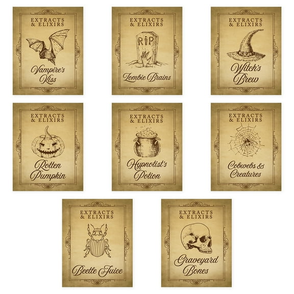Koyal Wholesale 16 Pk Vintage Halloween Wine Bottle Labels Potion Bottles Halloween Decor