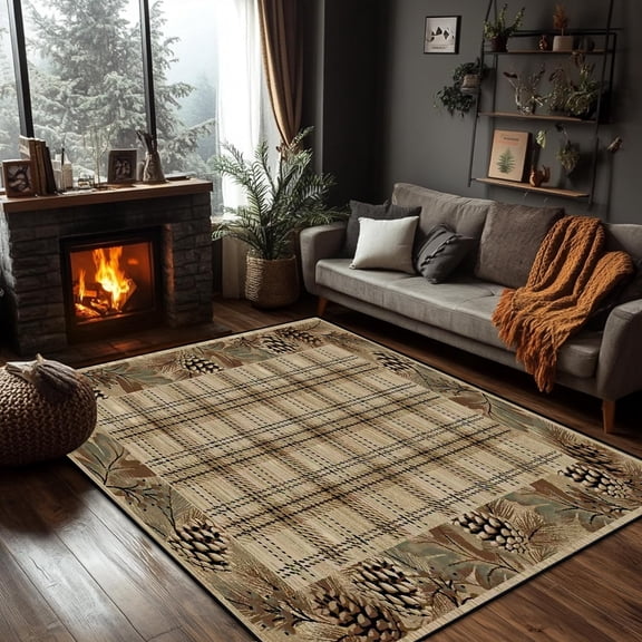 Washable Non-Slip Classic Plaid Area Rug 3x5ft, with Rustic Pinecone Border, Country Cabin Lodge Accent Carpet for Living Room, Bedroom, 3x5ft