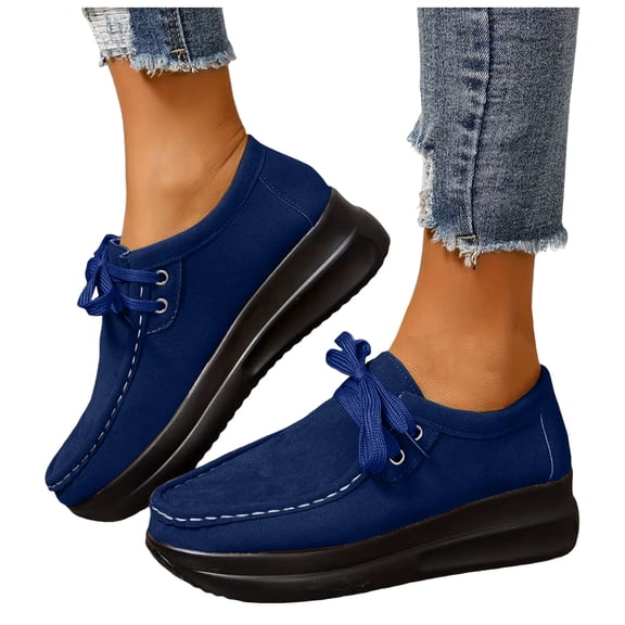 Women's Casual Suede Dress Shoes Comfortable Platform Wide Toe Box Non Slip Walking Shoes Vintage Lace Up Sneakers Blue Size 8.5