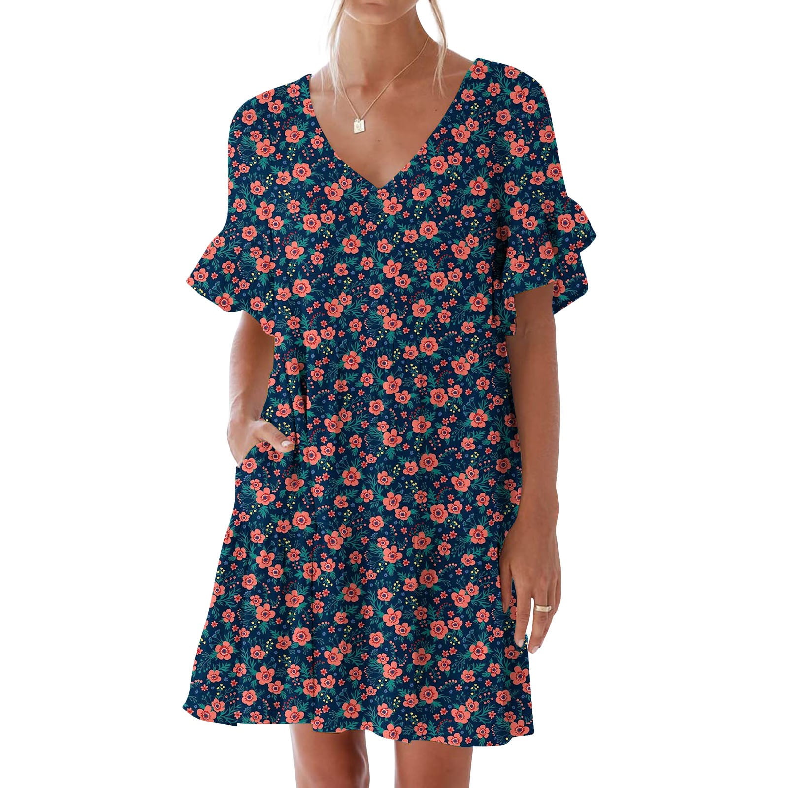 DT-charger Womens Boho Dress Wrap Swing Sundress Ruffle V-Neck A Line Beach Mini Skirt Button Down T-Shirt Dresses 