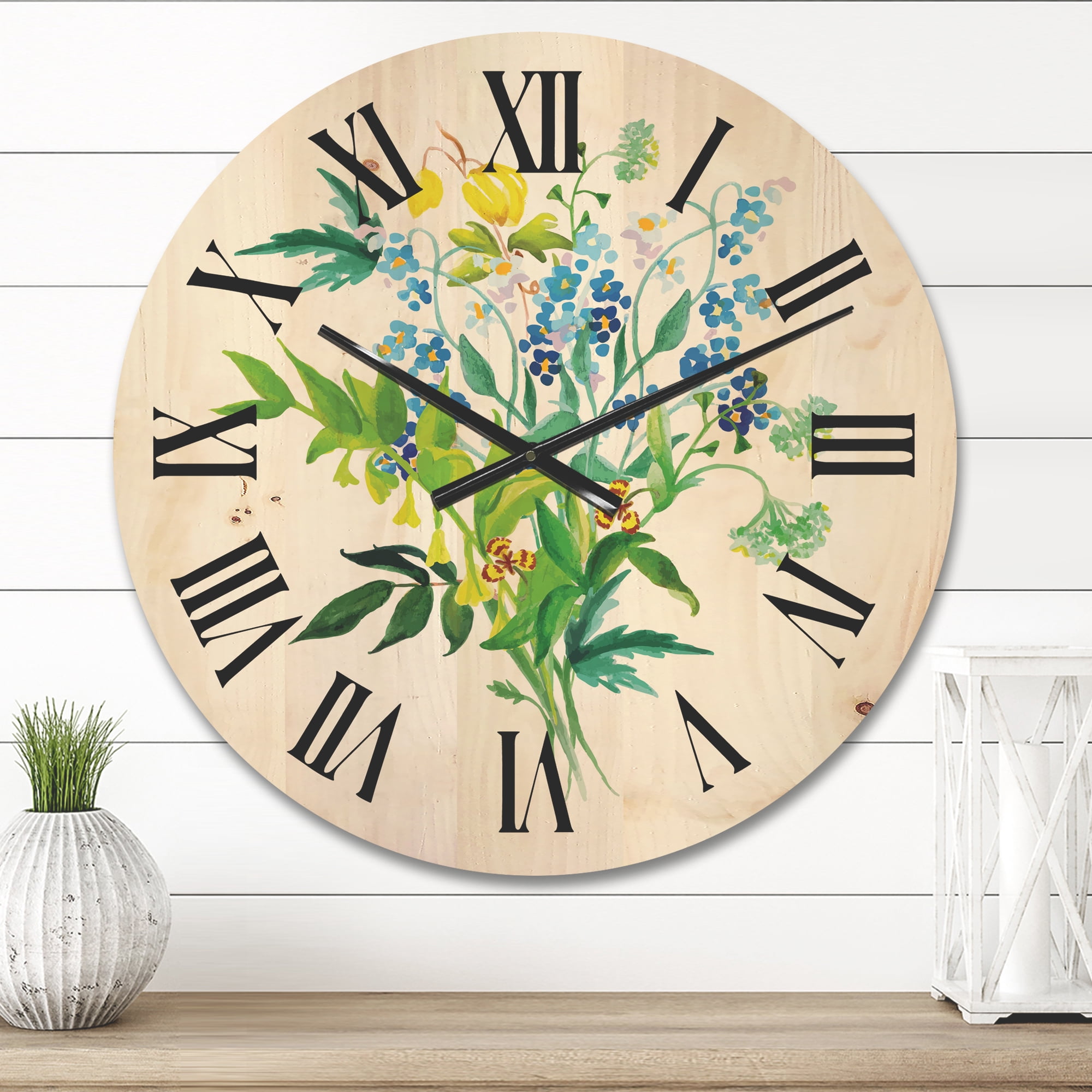 Designart 'Meadow Flowers Garland On White' Farmhouse Wood Wall Clock