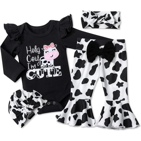 

Baby Girl Clothes 4pcs Newborn Girl Outfits Ruffle Romper Baby Bell Bottoms Headband Bandana Clothing Sets Gifts 3-6 Months