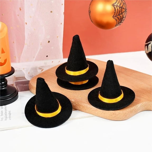 NIUBWJL Mini Witch Hats for Crafts – 20 PCS Small Felt Witch Hat Decorations with Orange or Yellow Bands, Miniature Witch Hats for Halloween Decor, DIY Projects, Dolls, Cupcakes & Bottles
