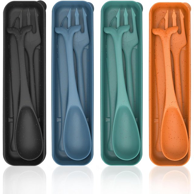 Travel Cutlery Set with Case, 4 Sets Fish Shaped Reusable Portable Spoon Knife Forks Utensil Set, Camping Cutlery Set for Travel Picnic Camping or Daily Use(4 Colors, Dark)