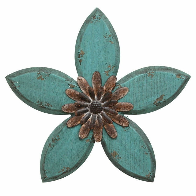 Stratton Home Wood & Metal Hand Painted Antique Flower Wall Decor, Teal Espresso