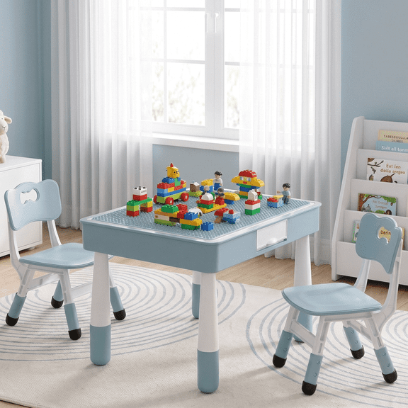 Arlopu 4 in 1 Kids Table and 2 Chairs Set with 2 Drawers, Toddler Table and Chair Set for Ages 3-10, Graffiti & Building Blocks Double-Sided Tabletop, Height Adjustable