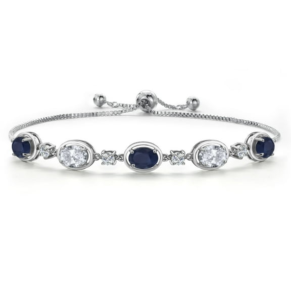 Gem Stone King 5.00 Cttw Blue Sapphire and White Topaz Bracelet for Women in 925 Sterling Silver | Gemstone September Birthstone | Oval 7X5MM | Fully Adjustable 9 inch