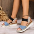 thumbnail image 4 of Rokment Women's Beach Platform Wedge Dressy Sandals Comfortable Breathable Color Block Linen Elastic Ankle Strap Espadrilles Walking Sandals Casual Chunky High Heel Dress Summer Shoes Blue Size 9.5, 4 of 7