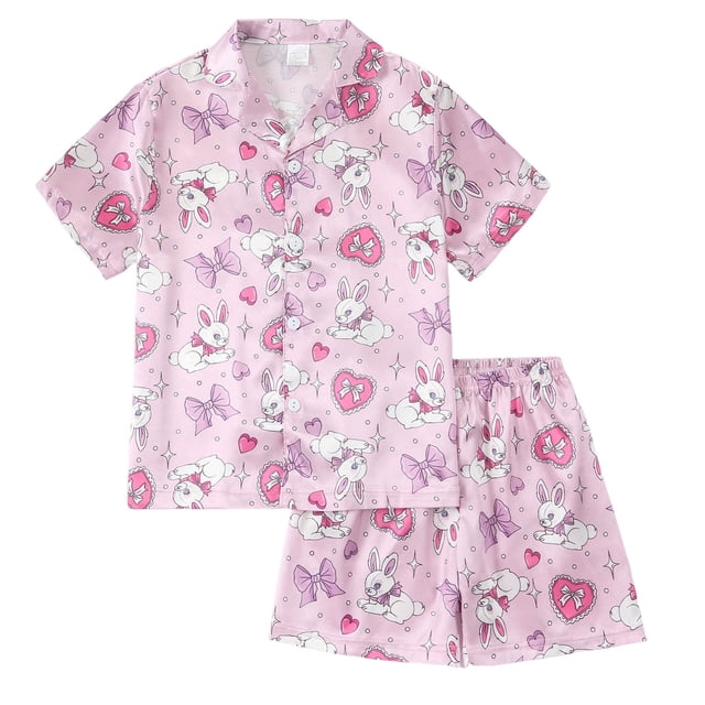 Ketyyh-chn99 Kids Girls Pajama Set Silky PJS Button-Down Childrens Comfortable Breathable Short Sleeved Clothes Cute Cartoon Pattern Pajama Set Size for 5-6 Years,Hot Pink