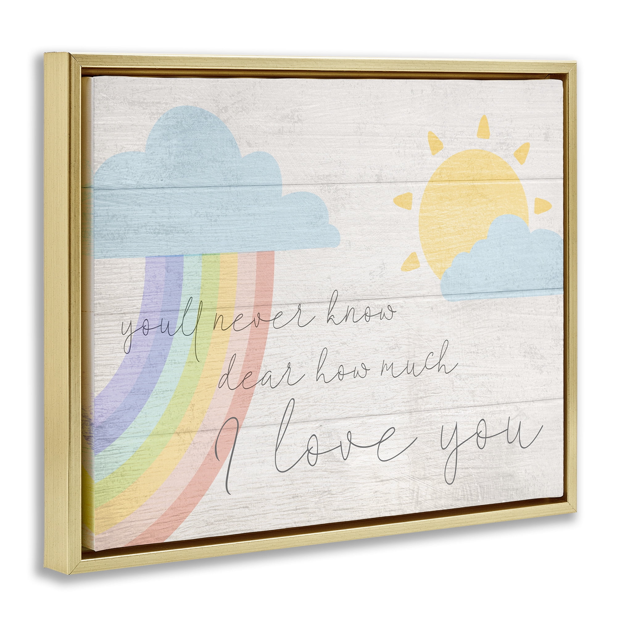 Stupell Industries How Much I Love You Rainbow Clouds and Sun on Planks Metallic Gold Framed Floating Canvas Wall Art, 24x30, by Daphne Polselli