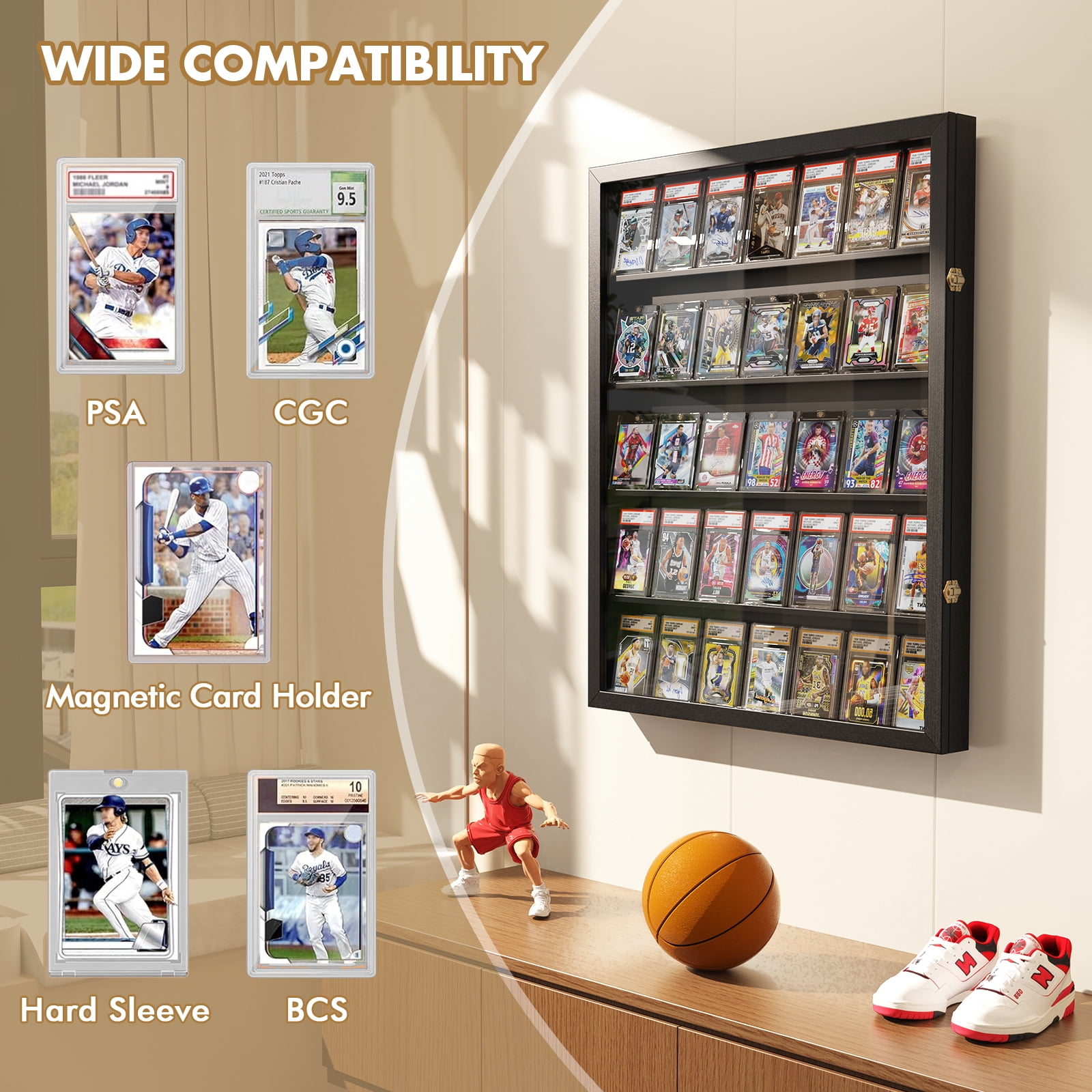 VEVOR 35 Graded Sports Card Display Case, 61,3 x 77,5 x 5,3 cm, Baseball Card Display Frame met 98% UV-bescherming, Clear View PC-glas, afsluitbare wandkast voor voetbal, basketbal, hockey ruilkaart
