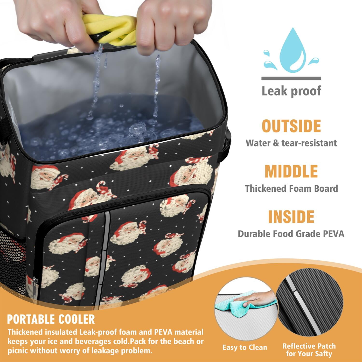 Travel Cooler Bag - Black Christmas Santa Pattern Camping Beer Cooler Backpack with Bottle Opener- Waterproof Insulated Picnic Backpacks - Cooler Bag for Beach