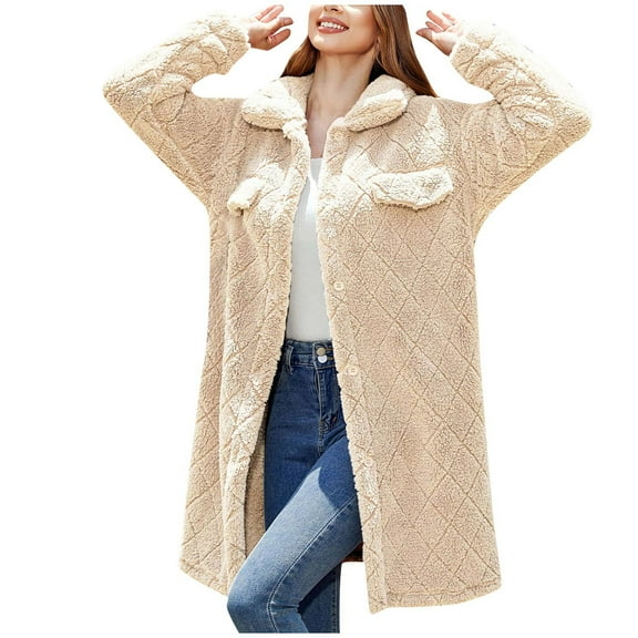 WMTBSRSW Women's Sherpa Fleece Jacket Casual Fuzzy Teddy Shacket Coat Warm Winter Button Down Fluzzy Outwear Jackets Lapel Open Front Long Cardigan Coat Beige Small
