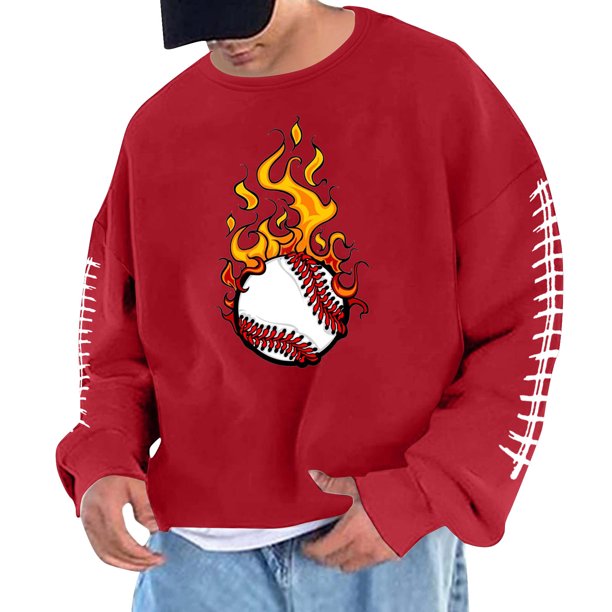 Sudadera sin capucha para hombre, cuello redondo, deportiva, con estampado de béisbol, sudadera con capucha, manga larga, blusa de poliéster para hombre