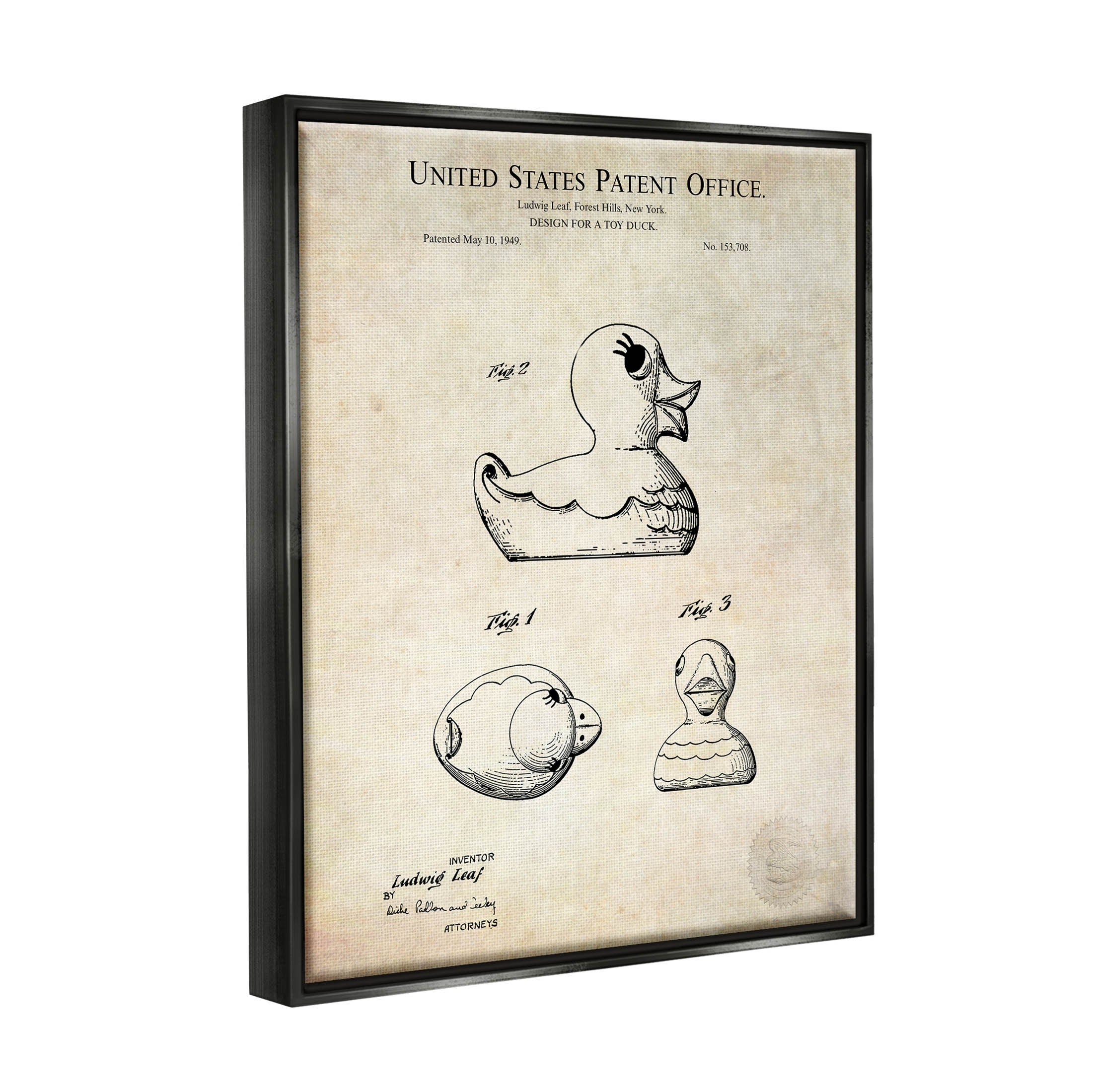 Stupell Industries Vintage Toy Duck Diagram Graphic Art Jet Black Floating Framed Canvas Print Wall Art, Design by Karl Hronek