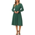 thumbnail image 2 of INSPIRE CHIC V Neck Dresses for Women's Pleated Puff Sleeve Elegant Casual Midi Dress XS Dark Green, 2 of 5