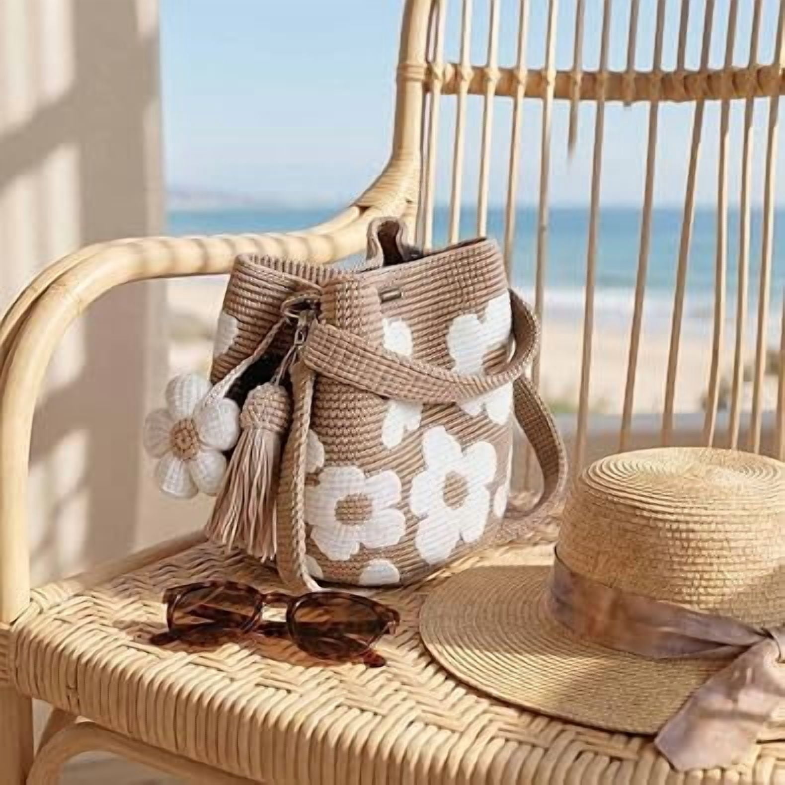 Crochet Flower Tote Bag, Knit Shoulder Bag