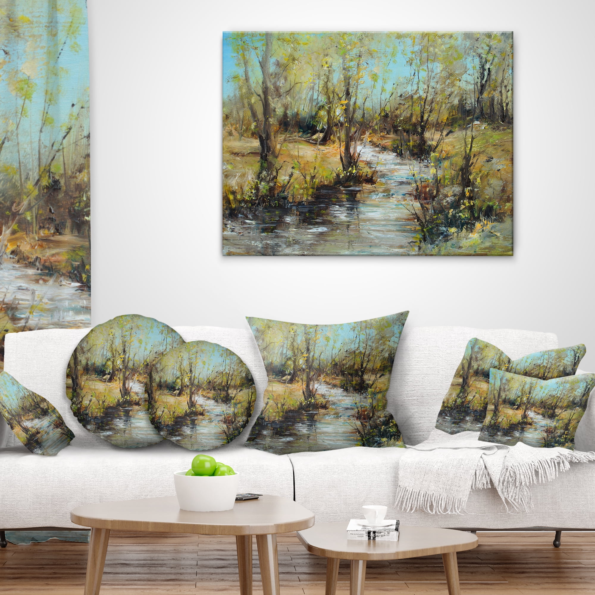 Designart Creek and Woods Oil Painting - Landscape Painting Throw Pillow - 18x18