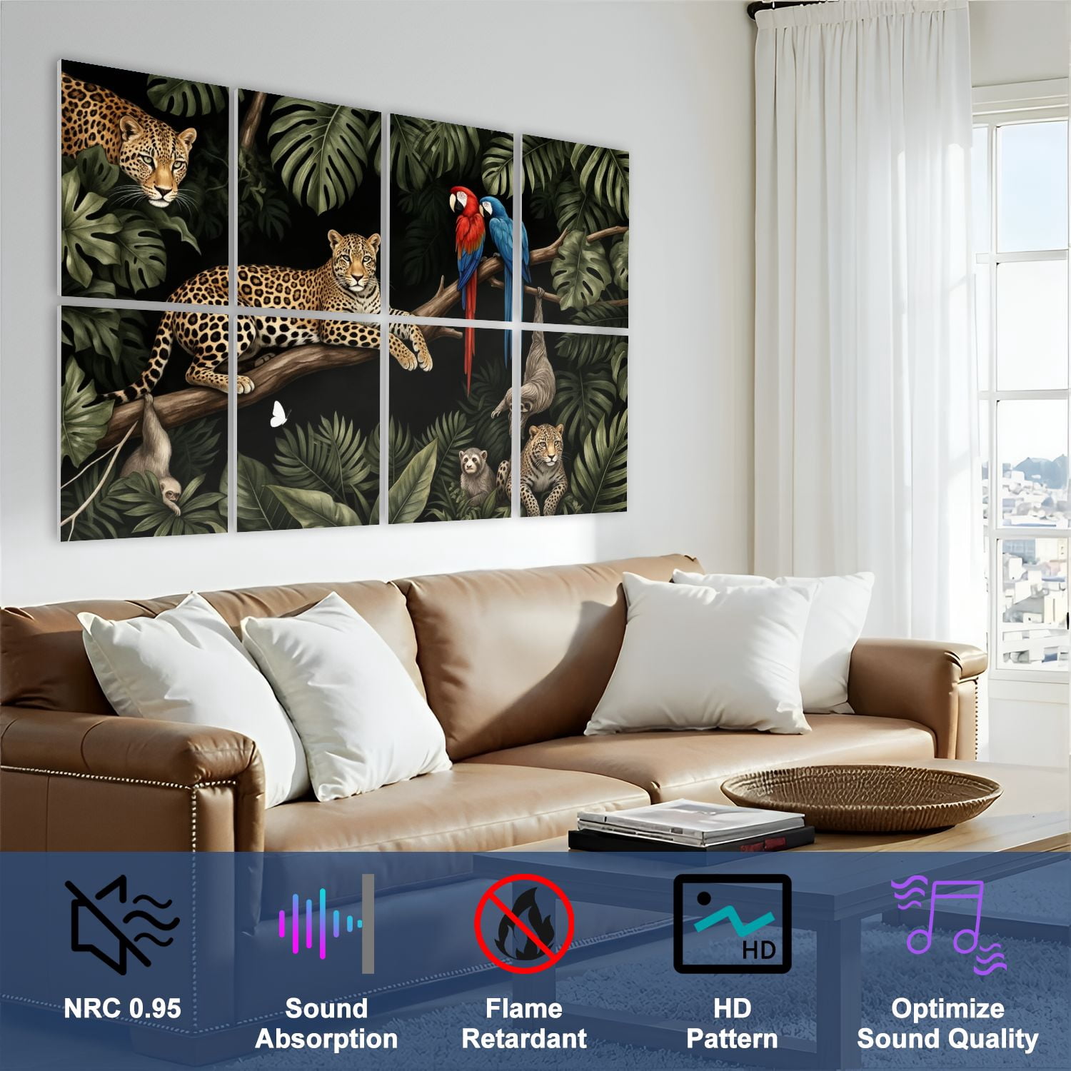 8 Pack Art Acoustic Panels Sound Absorbing Tropical Jungle Leopards Monkeys Parrots Sloths Decorative Soundproof Wall Panels Self Adhesive for Nursery Game Room Bedroom 48"x32"