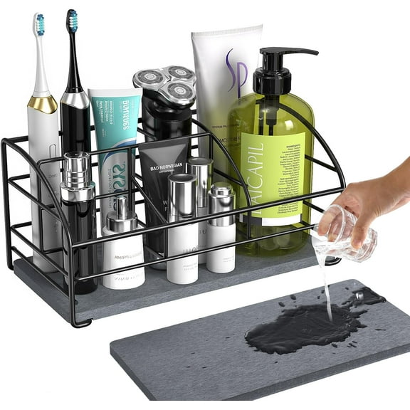 Luxspire Toothbrush Holders, 5 Slots Bathroom Counter Organizer with Diatomaceous Earth Tray, Stainless Steel Toothbrush Holder for Bathroom Kitchen Dressers Accessories, Black