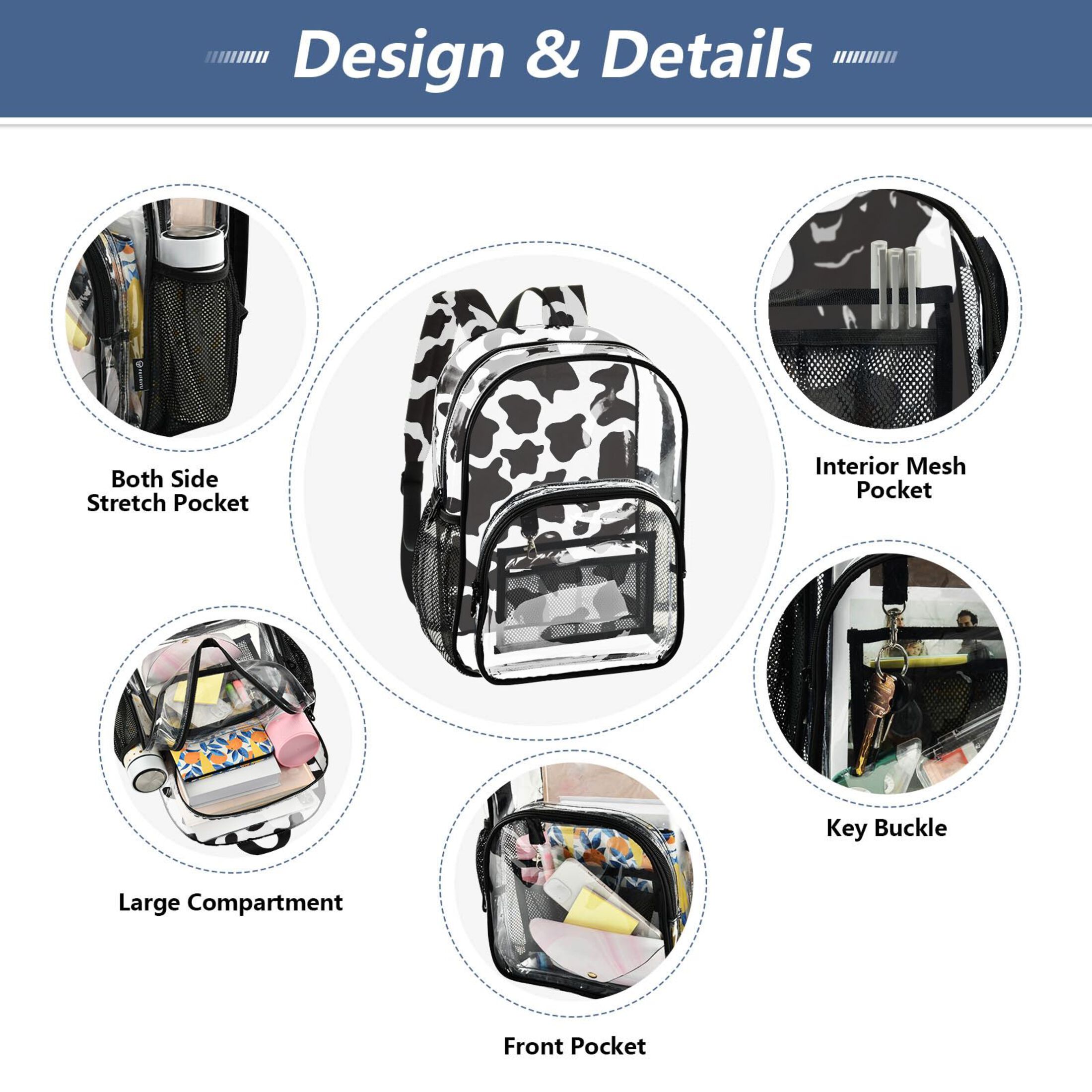 ALAZA Clear Backpack Cow Print PVC Transparent BookBag