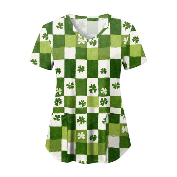 felwors Printed Scrub Tops Women Short Sleeve V Neck Plus Size Scrubs for Womens Nursing Uniforms Shirts with Pockets (Light Green, S)