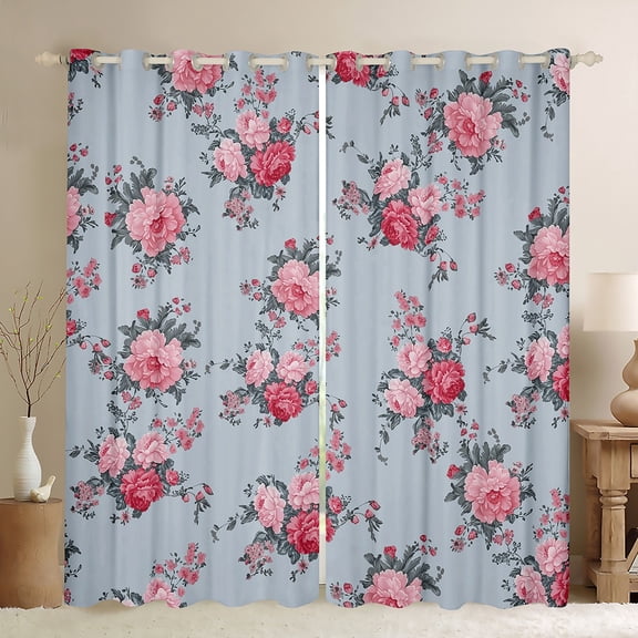 Feelyou Pink Peony Flower Black Out Curtains for Female, Romantic Floral Curtains Pack of 2 (42x63 Each), Retro Bohemian Fashion Bedroom Curtains, Blackout Curtains Bedroom Decor