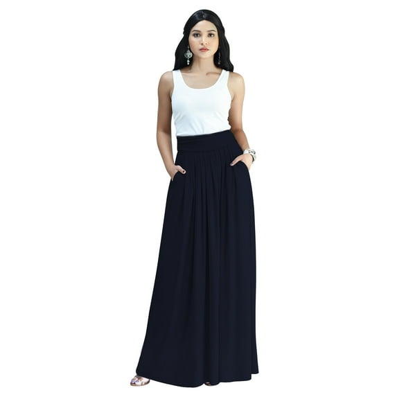 KOH KOH Long Flowy Cute Modest High Empire Waist Full Floor Length Pockets Casual Semi Formal Vintage Work Office Workwear Maxi Skirt For Women Dark Navy Blue Large US 12-14 NT325