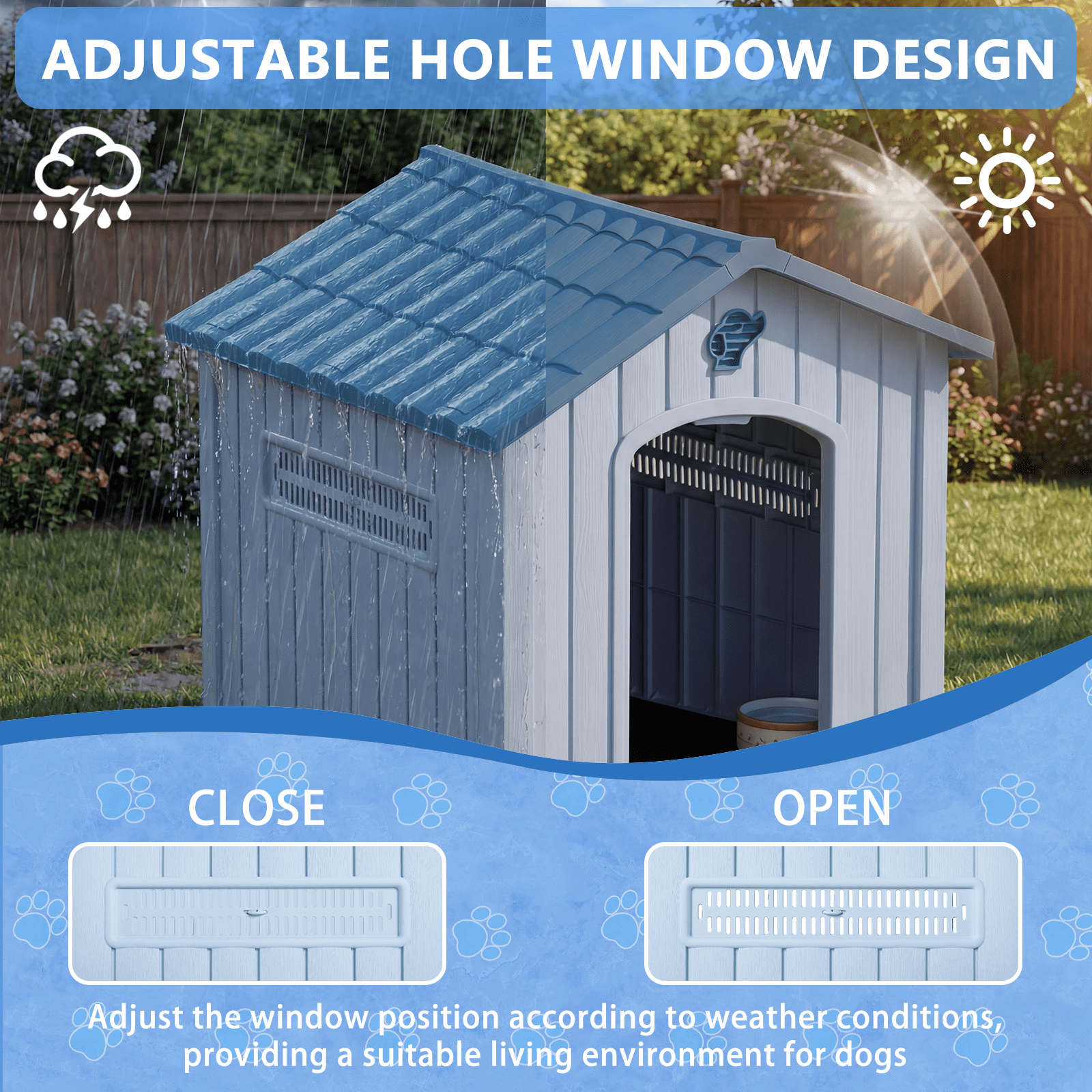 Waleaf Durable Waterproof Plastic Dog House for Small to Large Sized Dogs, Indoor Outdoor Doghouse with Elevated Floor