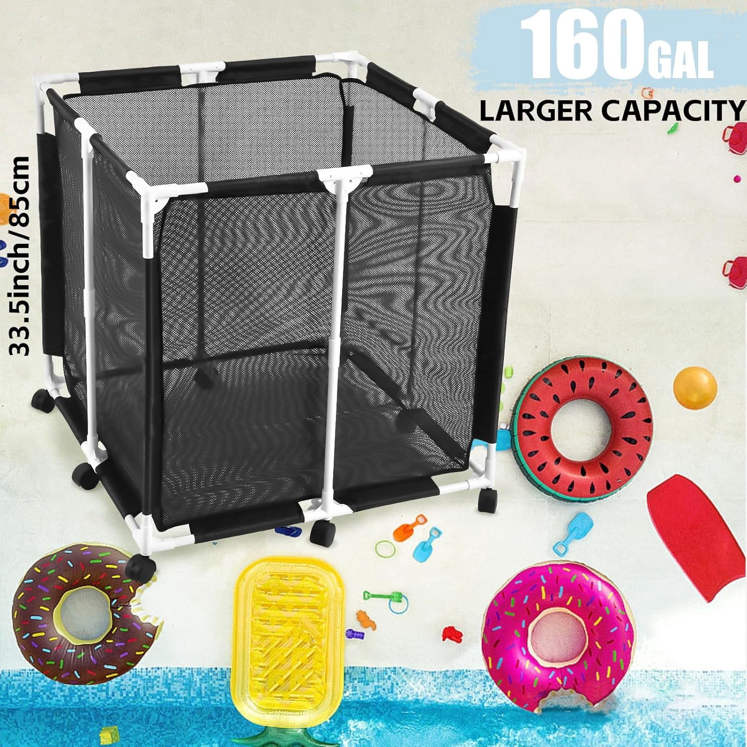 Pool Storage Bin, Outdoor Storage Organizer for Pool Float Toys, Noodles, Balls, Towels & More, Rolling Large Mesh Poolside Holder