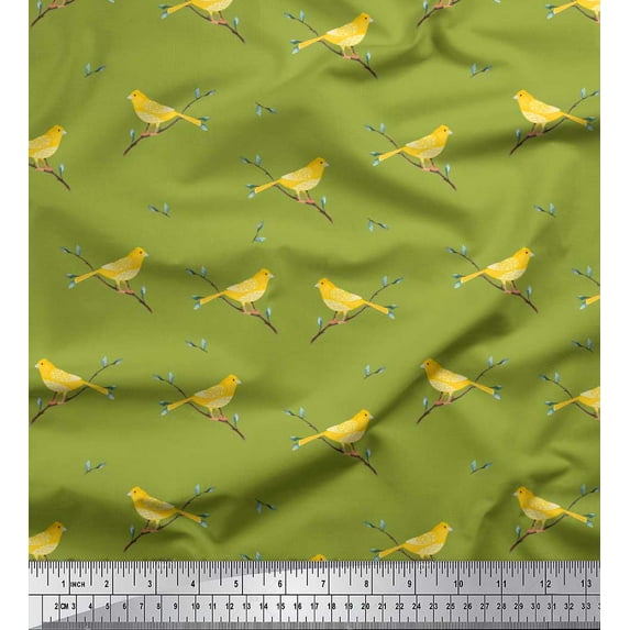 Soimoi Cotton Voile Fabric Leaves,Branches & Canary Bird Print Sewing Fabric Yard 56 Inch Wide