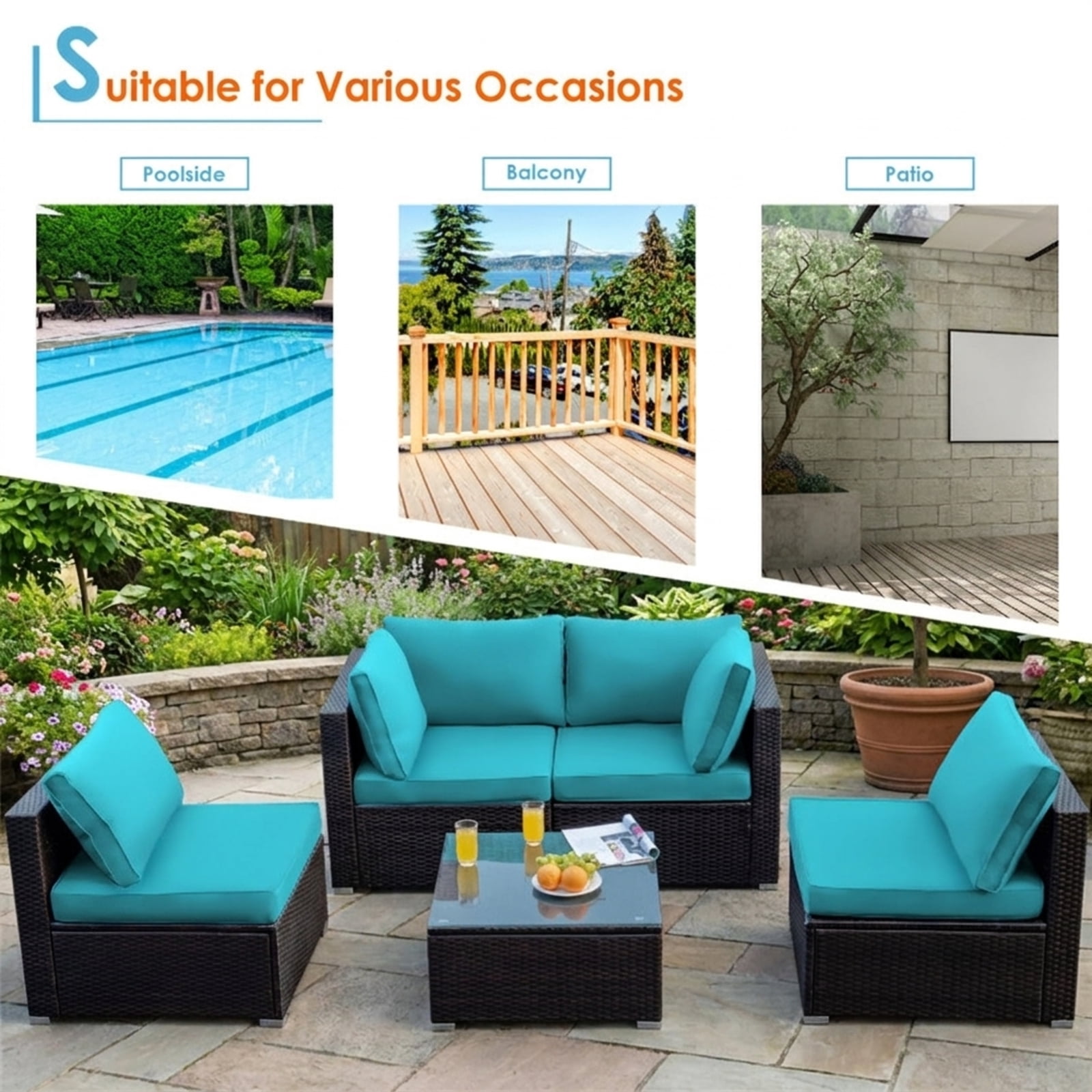 Furnibear 5 Piece Cushioned Patio Rattan Furniture Set with Glass Table, Outdoor Wicker Conversation Set with 4 Chairs for Garden Backyard, White