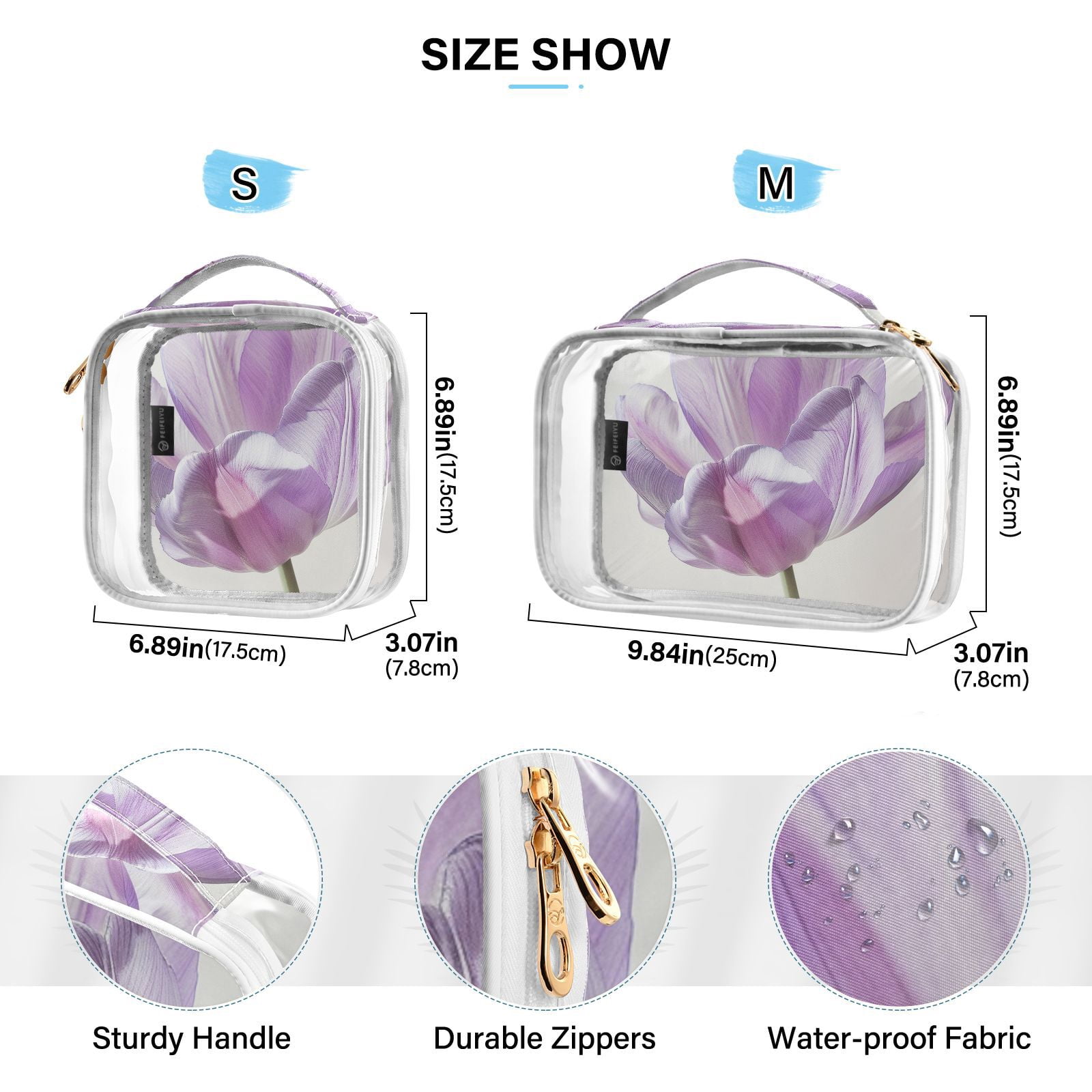 Clear Makeup Bags with Handle Large Opening 2 Pack Set Toiletry Bag Quart Size Bag, for Women Man Traveling Travel Essentials, Toiletries and Other. Gorgeous Flower Purple