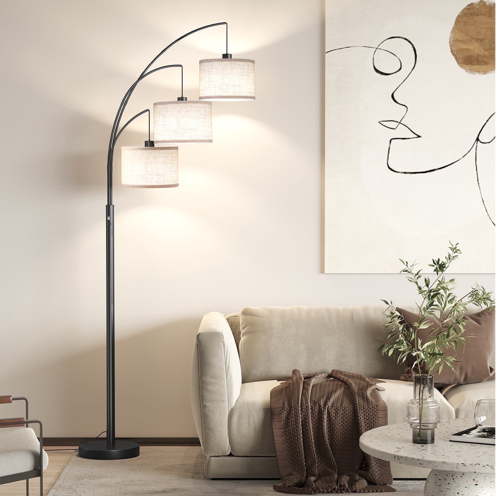SUNMORY 3 Lights Floor Lamp for Living Room, 78" Tall Standing Lamp with Hanging Drum Shade, Modern Arc Floor Lamps with Heavy Base, Mid Century Arched Tree Floor Lamp for Bedroom, Office, Corner