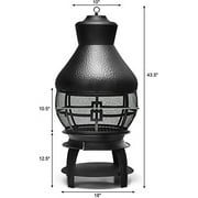 SAFSTAR Outdoor Cast Iron Chiminea, Fireplace Wooden Chiminea Fire Pit w/Fire Poker, 360°Fire Retardant Mesh Cover, Patio Wood Burning Fire Pit