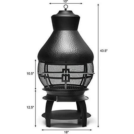 SAFSTAR Outdoor Cast Iron Chiminea, Fireplace Wooden Chiminea Fire Pit w/Fire Poker, 360°Fire Retardant Mesh Cover, Patio Wood Burning Fire Pit