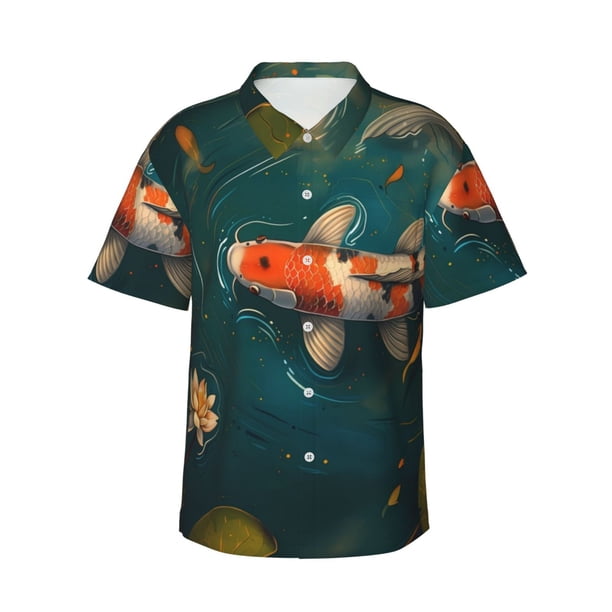 Fotbe Koi Pond Lilies Camisa Hawaiana para Hombre Unisex – Camisa Casual de Verano con Botones de Manga Corta de Algodón y Lino,3X-Large