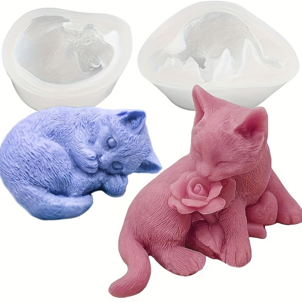 2 Sets of Silicone Cat Molds, 3D Sitting Rose Cat Mold, Side-lying Sleeping Cat Silicone Candle Mold, Cat Resin Candle Mold, Cute Animal Epoxy Resin Casting Plaster Mold, DIY Craft Gift Set