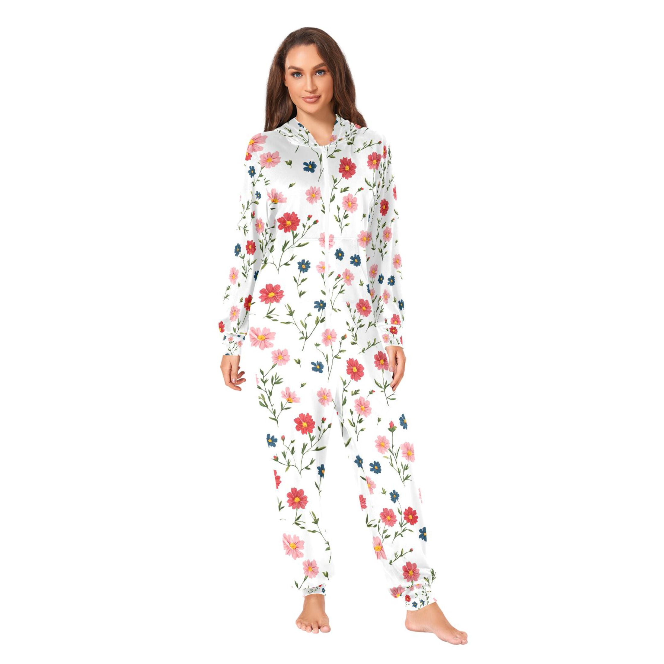 Adult Christmas Onesie Many Small Red Flowers Adult Zipper One-Piece Pajamas Unisex Pajamas with Pockets