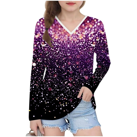 Auroural Girls Shirts Size 7-8 Long Sleeve Girl's Long Sleeved Printed Shirt Cute V-neck Casual Shirt Top Purple