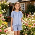 thumbnail image 5 of Girls 2 Piece Plaid Suit Puff Short Sleeve Crew Neck Tops Elastic Waist Short Ruffled Hem Cute Casual Outfits (15-16 Years, Blue), 5 of 8