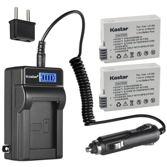 Kastar 2-Pack LP-E8 Battery and LCD AC Charger Compatible with Canon LP-E8 LPE8 Battery, Canon LC-E8 LC-E8E Charger, Canon EOS Kiss X5, EOS Kiss X6 Digital Cameras, Canon Camera Grip BG-E8
