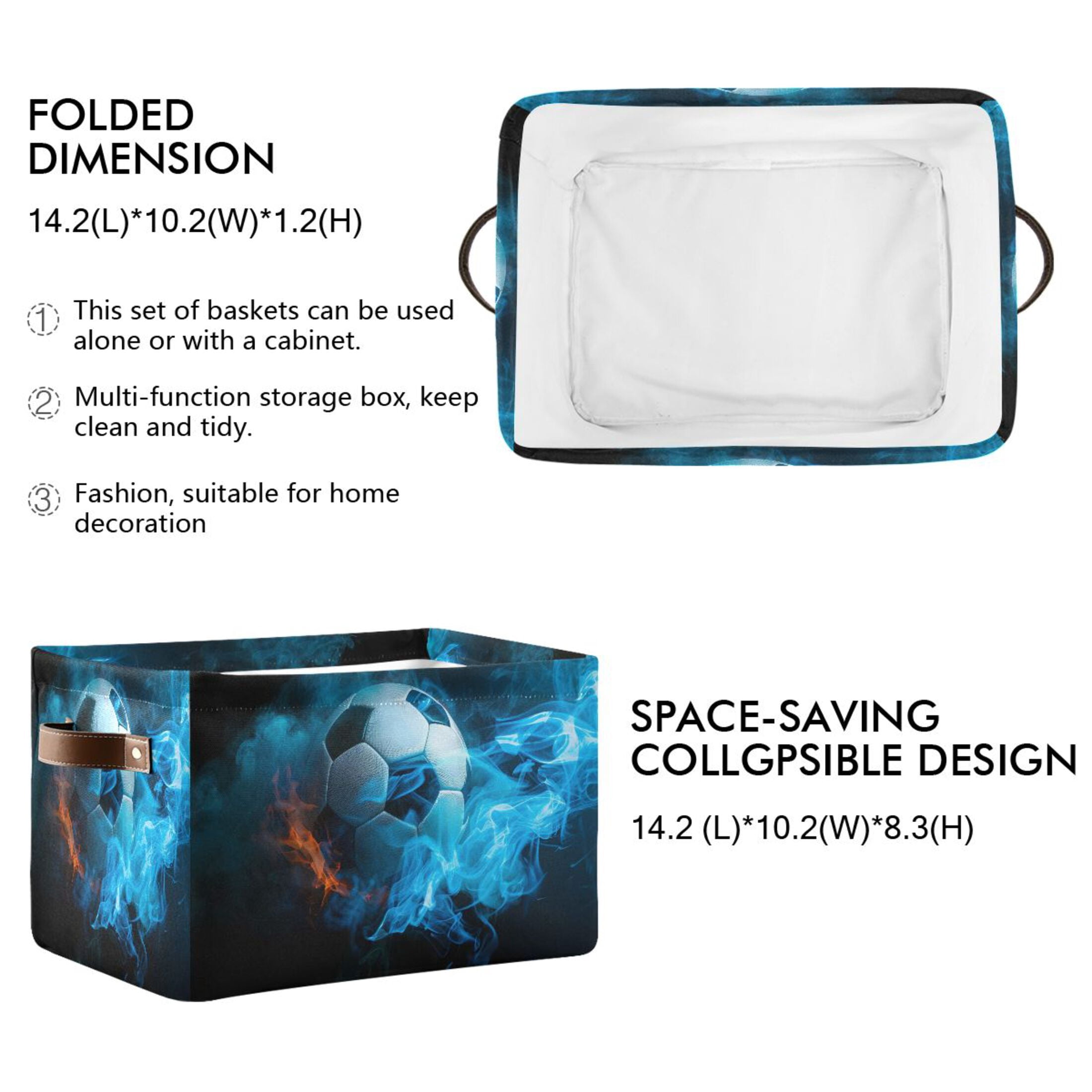 Ryvnso Soccer Ball with Fire Storage Basket Large Bin Foldable Boxes Toys Organizer 14.2x10.2x8.3in 2 PCs